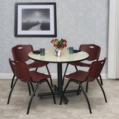 36 in. Round X-Base Breakroom Table- Maple, 4 M Stack Chairs- Burgundy