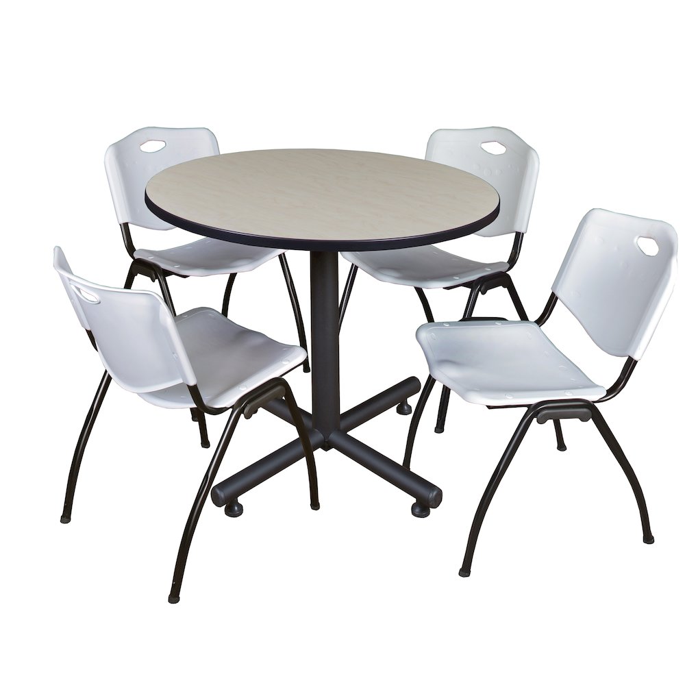 36 in. Round X-Base Breakroom Table- Maple, 4 M Stack Chairs- Grey