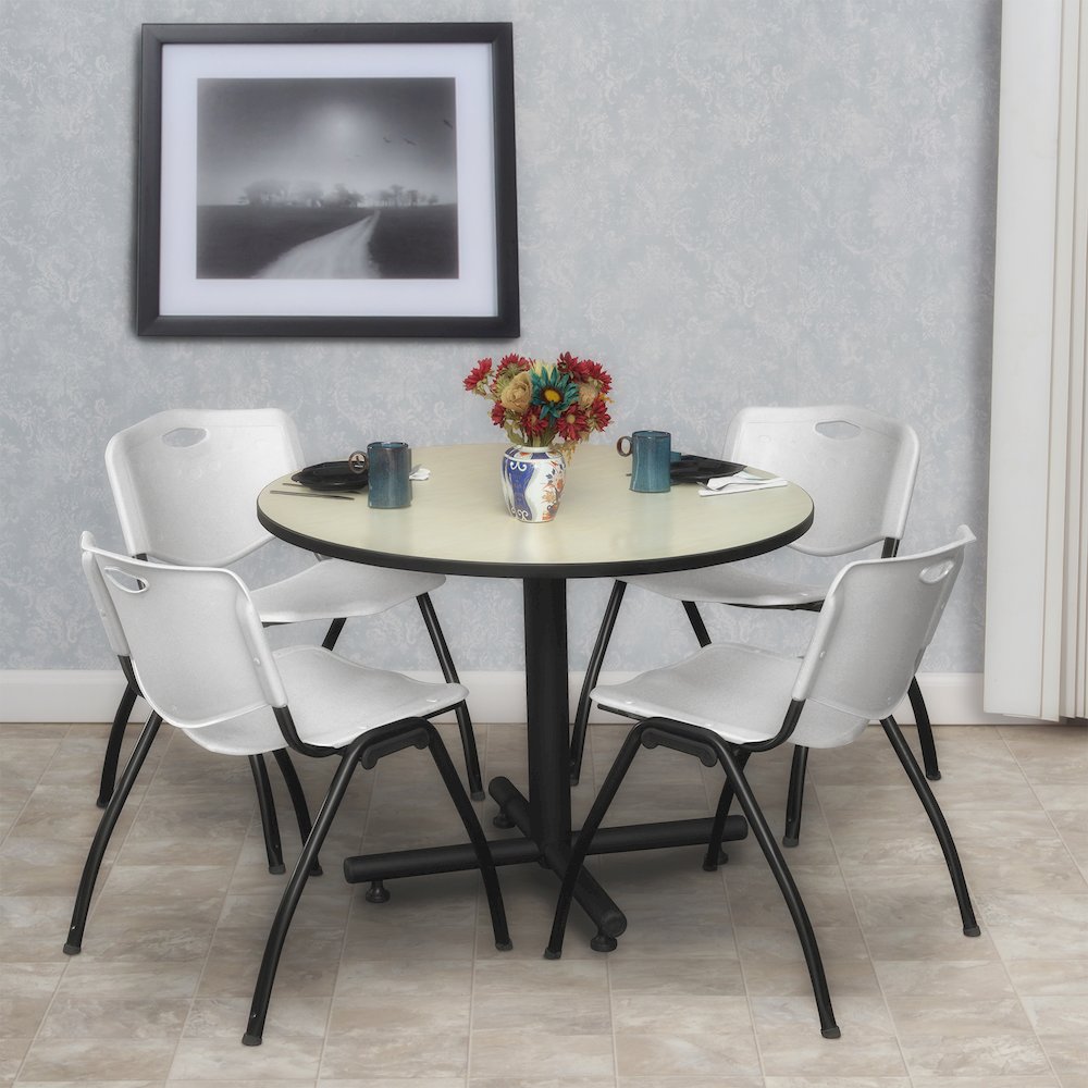 36 in. Round X-Base Breakroom Table- Maple, 4 M Stack Chairs- Grey
