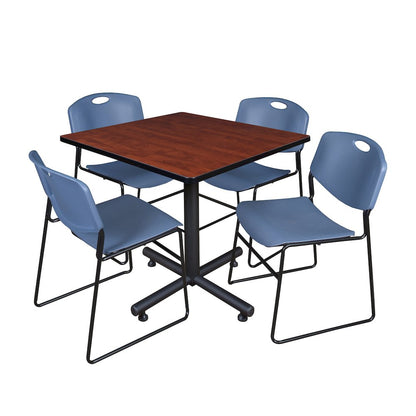 42 in. Square X-Base Breakroom Table- Cherry, 4 Zeng Stack Chairs- Blue