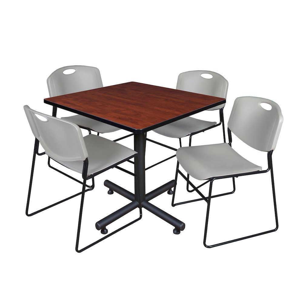 42 in. Square X-Base Breakroom Table- Cherry, 4 Zeng Stack Chairs- Grey