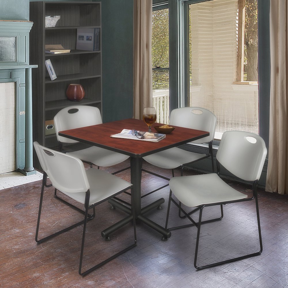 42 in. Square X-Base Breakroom Table- Cherry, 4 Zeng Stack Chairs- Grey