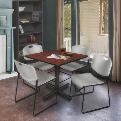 42 in. Square X-Base Breakroom Table- Cherry, 4 Zeng Stack Chairs- Grey