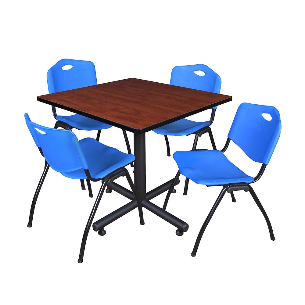 42 in. Square X-Base Breakroom Table- Cherry, 4 M Stack Chairs- Blue
