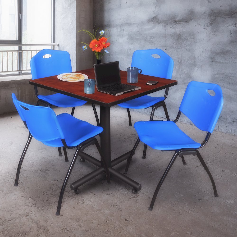 42 in. Square X-Base Breakroom Table- Cherry, 4 M Stack Chairs- Blue