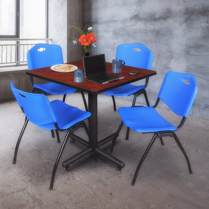 42 in. Square X-Base Breakroom Table- Cherry, 4 M Stack Chairs- Blue