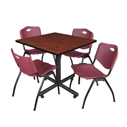 42 in. Square X-Base Breakroom Table- Cherry, 4 M Stack Chairs- Burgundy