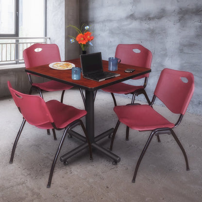 42 in. Square X-Base Breakroom Table- Cherry, 4 M Stack Chairs- Burgundy