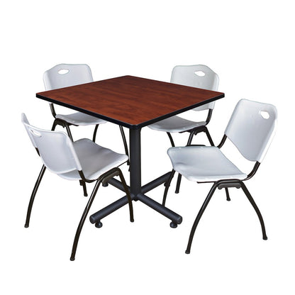 42 in. Square X-Base Breakroom Table- Cherry, 4 M Stack Chairs- Grey
