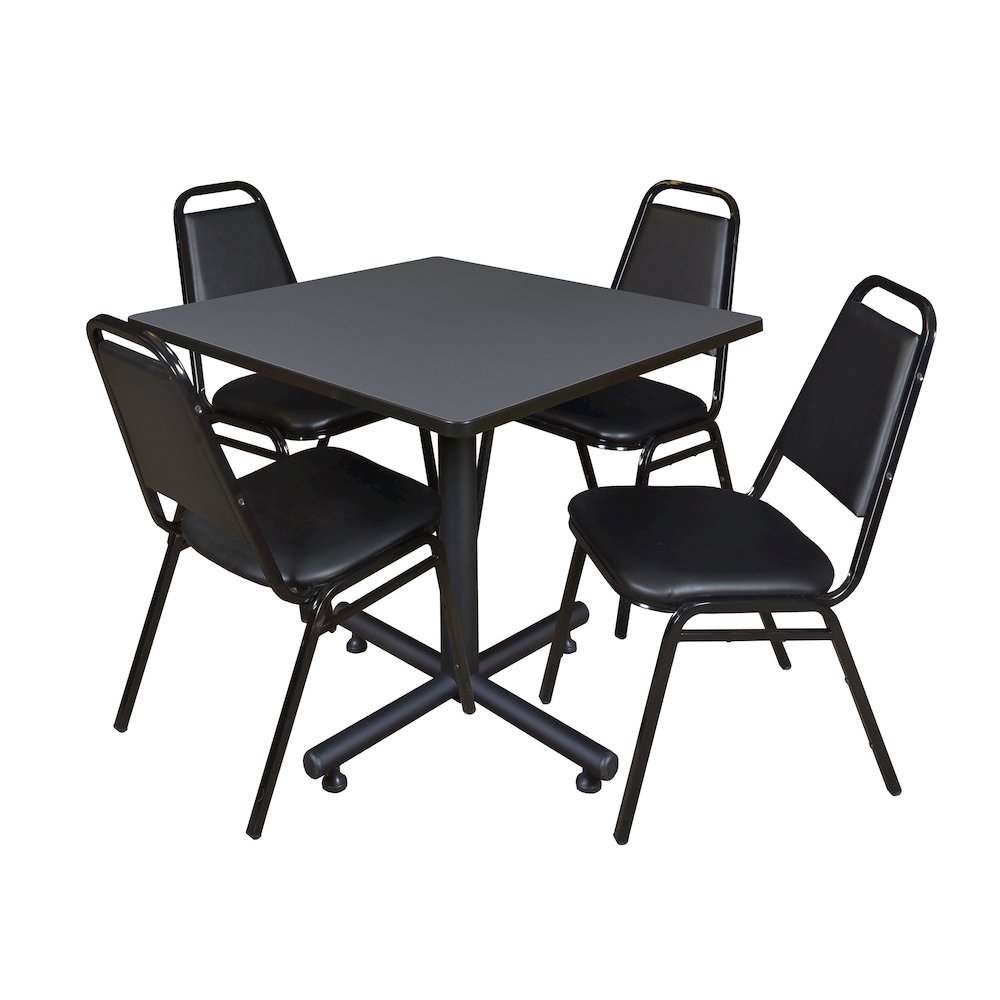 42 in. Square X-Base Breakroom Table- Grey, 4 Restaurant Stack Chairs- Black