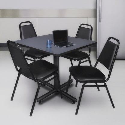 42 in. Square X-Base Breakroom Table- Grey, 4 Restaurant Stack Chairs- Black