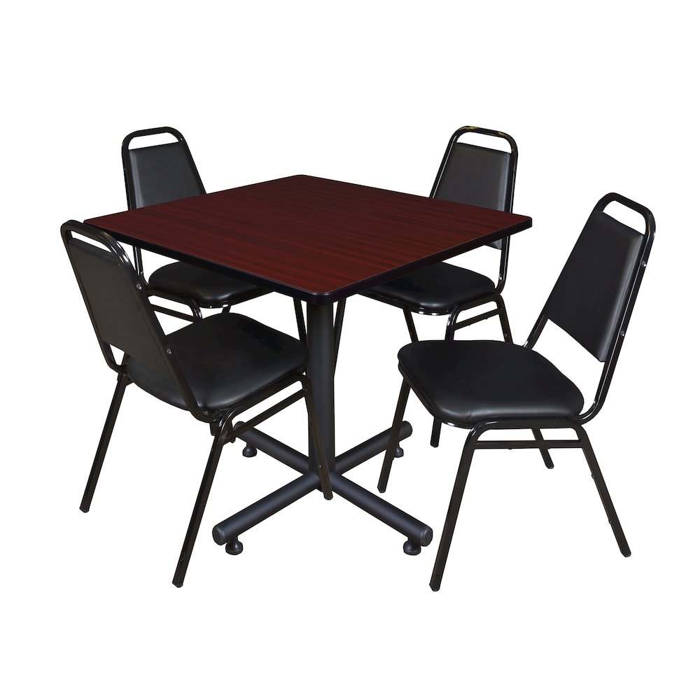 42 in. Square X-Base Breakroom Table- Mahogany, 4 Restaurant Stack Chairs- Black
