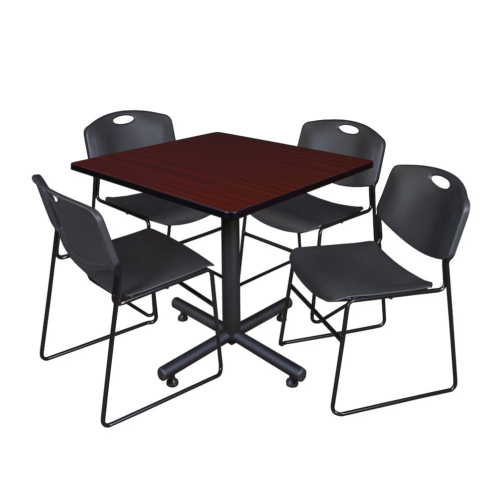 42 in. Square X-Base Breakroom Table- Mahogany, 4 Zeng Stack Chairs- Black