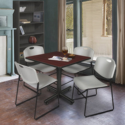 42 in. Square X-Base Breakroom Table- Mahogany, 4 Zeng Stack Chairs- Grey
