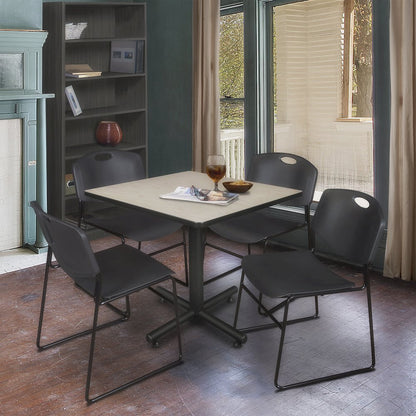 42 in. Square X-Base Breakroom Table- Maple, 4 Zeng Stack Chairs- Black