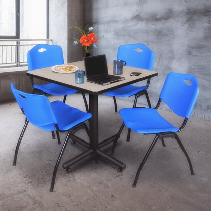 42 in. Square X-Base Breakroom Table- Maple, 4 M Stack Chairs- Blue
