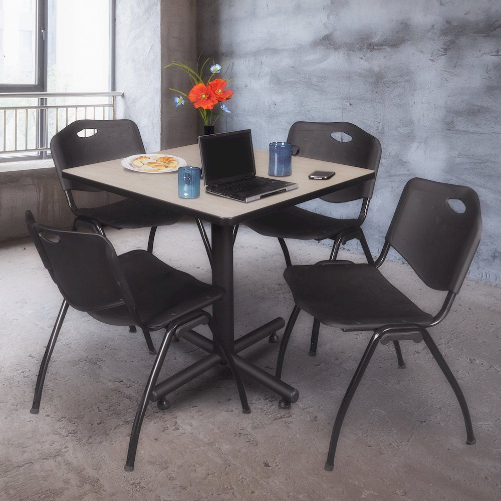 42 in. Square X-Base Breakroom Table- Maple, 4 M Stack Chairs- Black