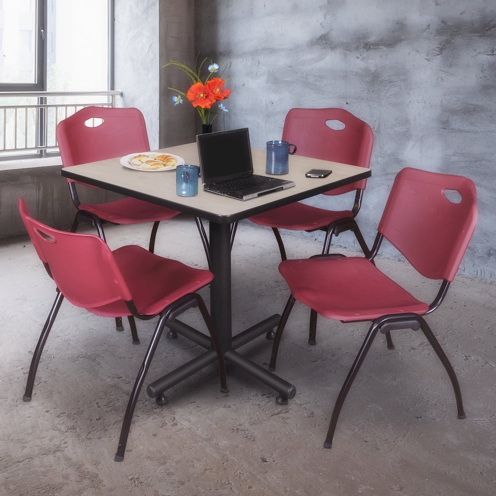 42 in. Square X-Base Breakroom Table- Maple, 4 M Stack Chairs- Burgundy