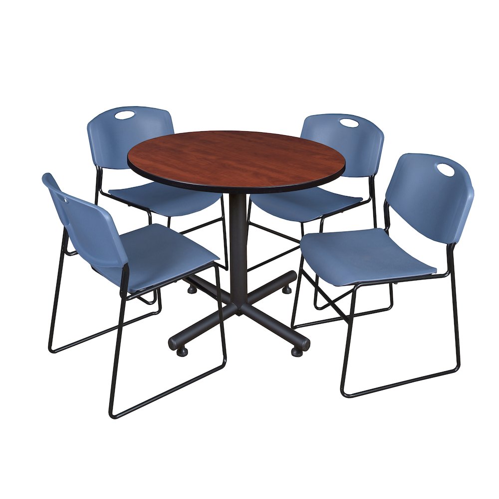 42 in. Round X-Base Breakroom Table- Cherry, 4 Zeng Stack Chairs- Blue