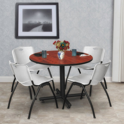 42 in. Round X-Base Breakroom Table- Cherry, 4 M Stack Chairs- Grey