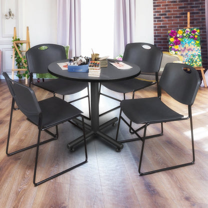 42 in. Round X-Base Breakroom Table- Grey, 4 Zeng Stack Chairs- Black