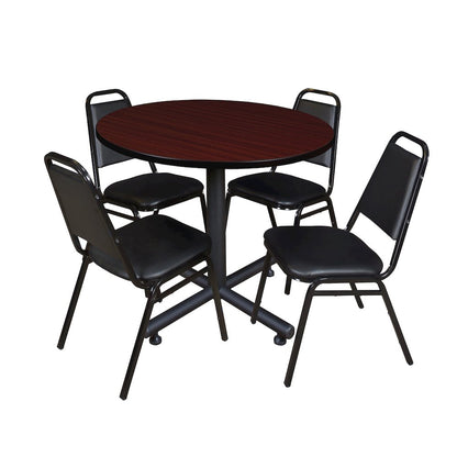 42 in. Round X-Base Breakroom Table- Mahogany, 4 Restaurant Stack Chairs- Black