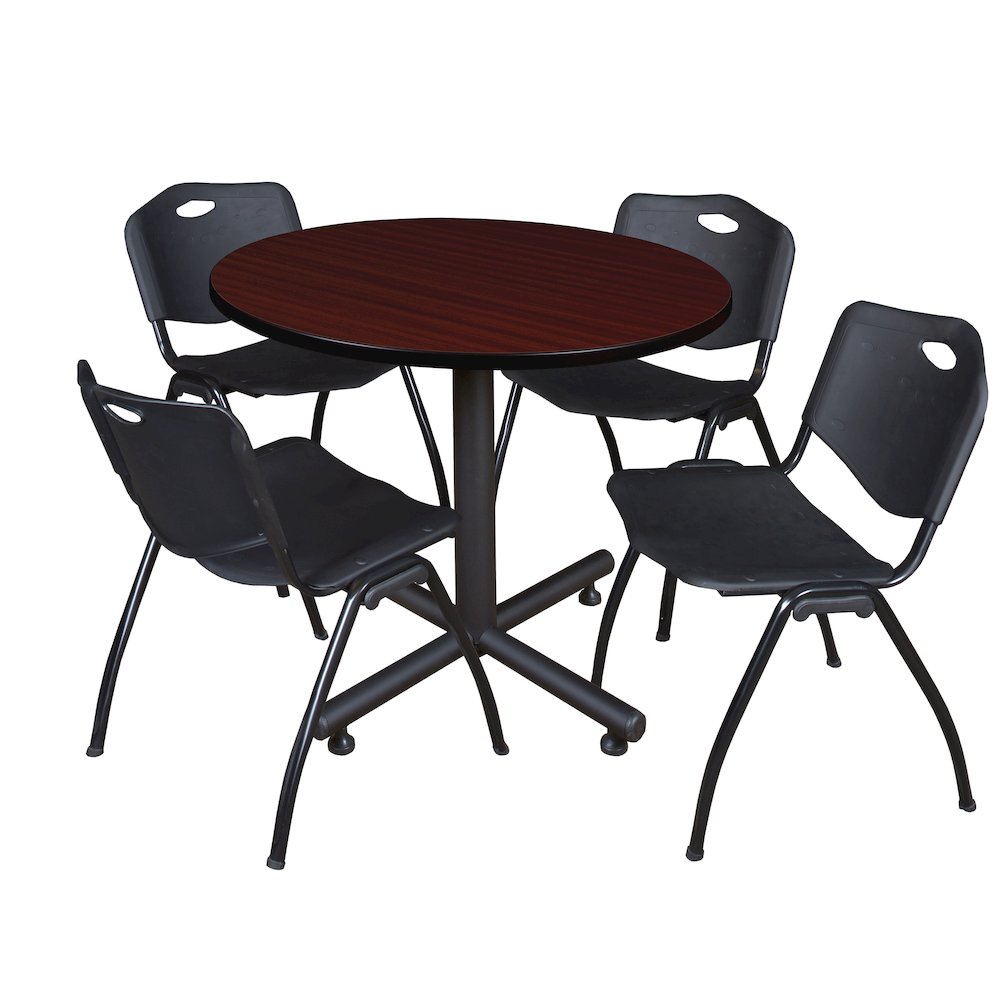 42 in. Round X-Base Breakroom Table- Mahogany, 4 M Stack Chairs- Black