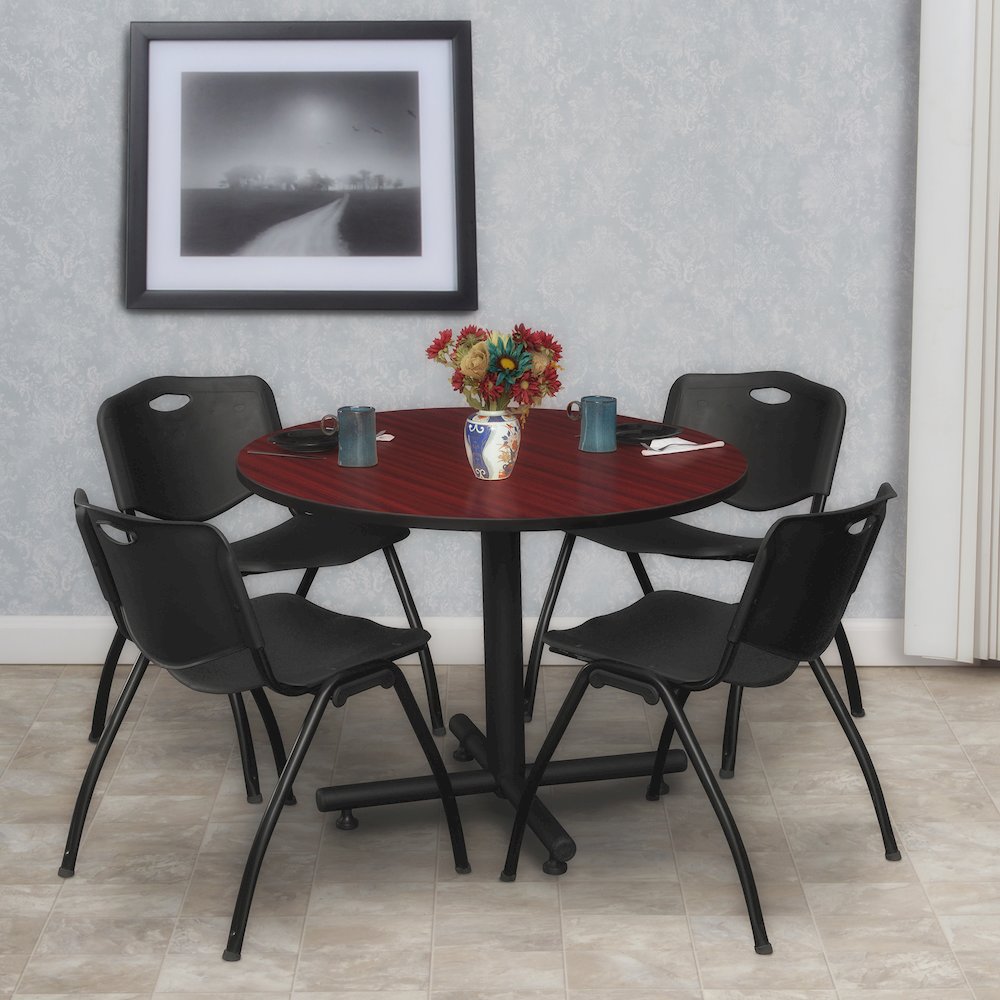 42 in. Round X-Base Breakroom Table- Mahogany, 4 M Stack Chairs- Black