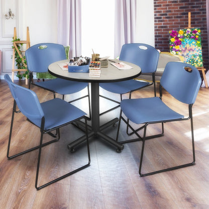 42 in. Round X-Base Breakroom Table- Maple, 4 Zeng Stack Chairs- Blue