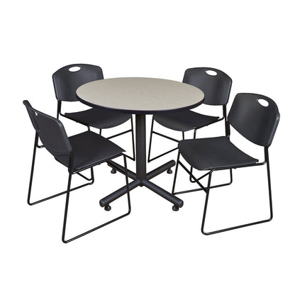 42 in. Round X-Base Breakroom Table- Maple, 4 Zeng Stack Chairs- Black