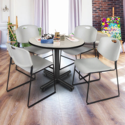 42 in. Round X-Base Breakroom Table- Maple, 4 Zeng Stack Chairs- Grey