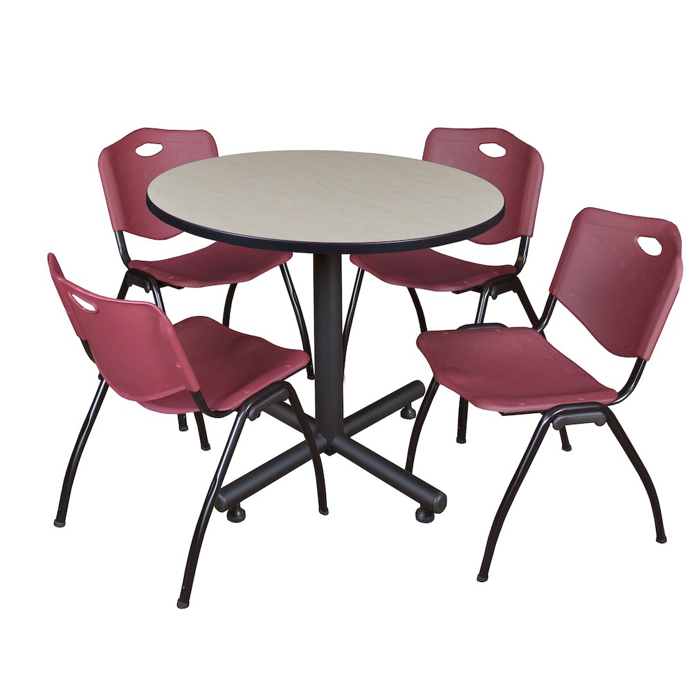 42 in. Round X-Base Breakroom Table- Maple, 4 M Stack Chairs- Burgundy