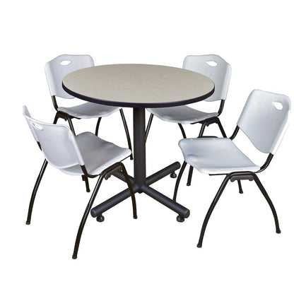 42 in. Round X-Base Breakroom Table- Maple, 4 M Stack Chairs- Grey