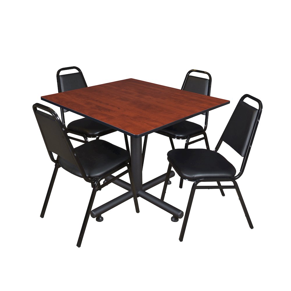 48 in. Square X-Base Breakroom Table- Cherry, 4 Restaurant Stack Chairs- Black