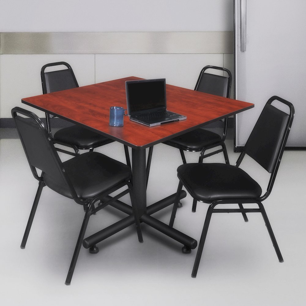 48 in. Square X-Base Breakroom Table- Cherry, 4 Restaurant Stack Chairs- Black