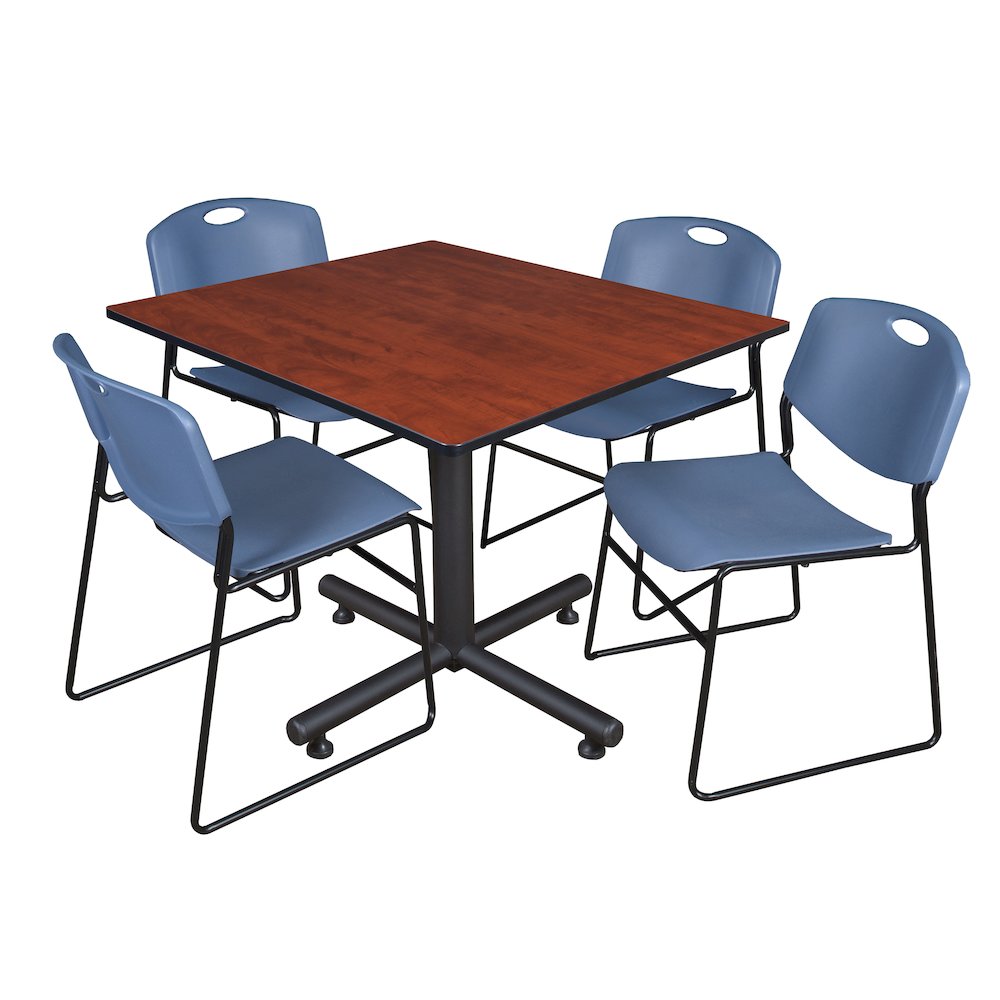 48 in. Square X-Base Breakroom Table- Cherry, 4 Zeng Stack Chairs- Blue