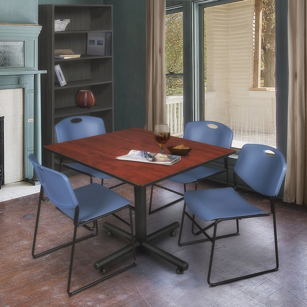 48 in. Square X-Base Breakroom Table- Cherry, 4 Zeng Stack Chairs- Blue