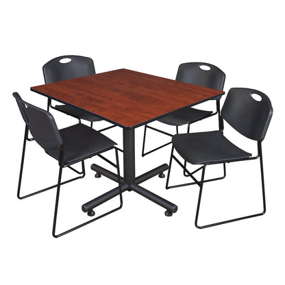 48 in. Square X-Base Breakroom Table- Cherry, 4 Zeng Stack Chairs- Black