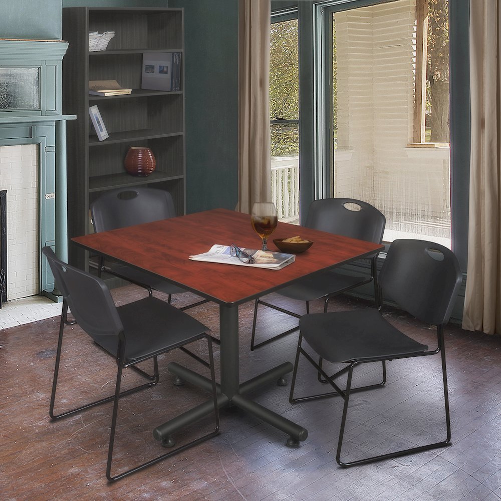 48 in. Square X-Base Breakroom Table- Cherry, 4 Zeng Stack Chairs- Black