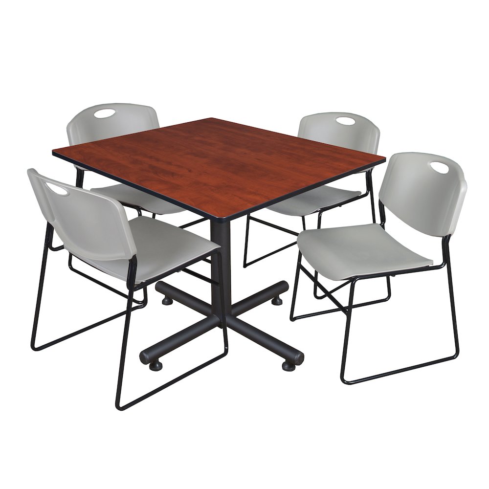 48 in. Square X-Base Breakroom Table- Cherry, 4 Zeng Stack Chairs- Grey