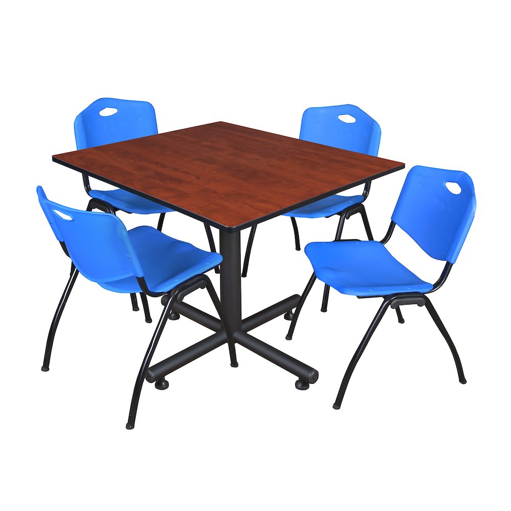 48 in. Square X-Base Breakroom Table- Cherry, 4 M Stack Chairs- Blue