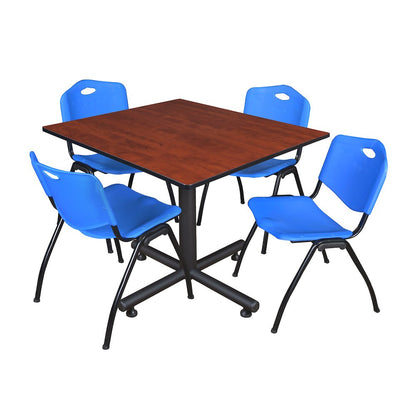 48 in. Square X-Base Breakroom Table- Cherry, 4 M Stack Chairs- Blue