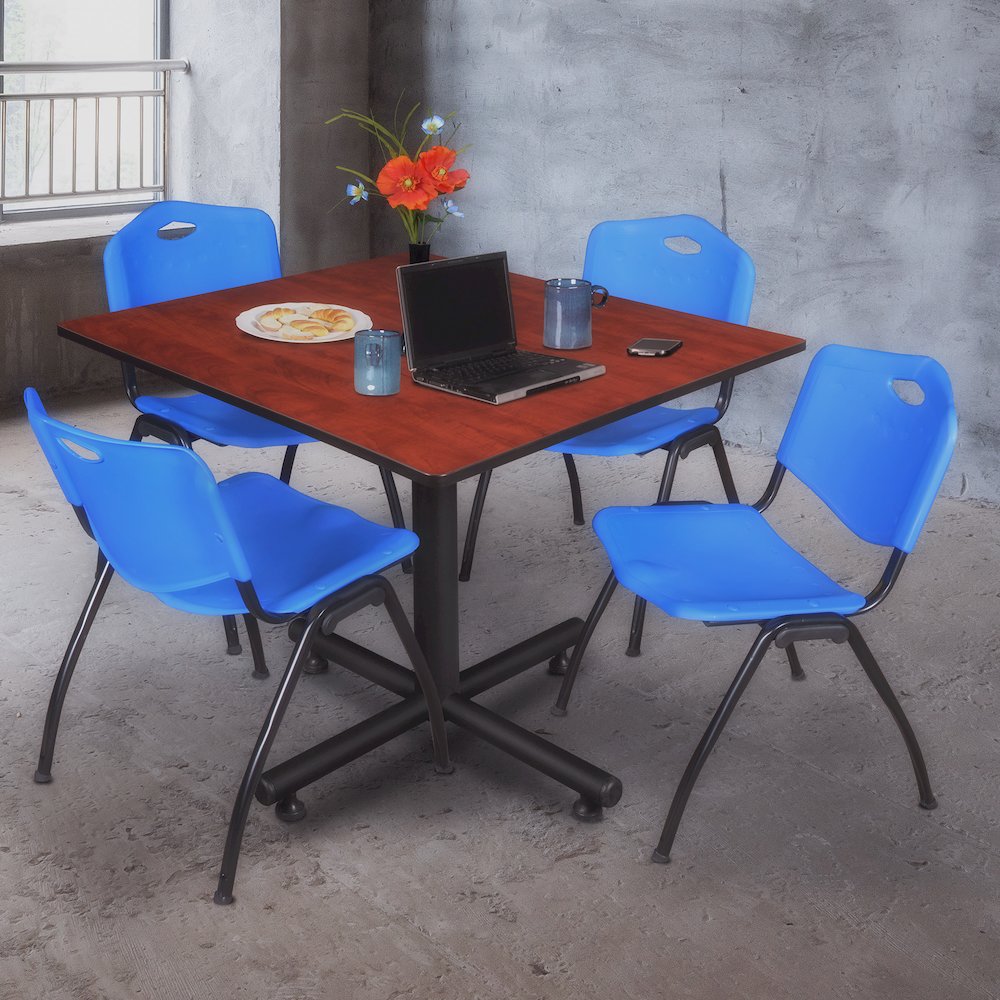 48 in. Square X-Base Breakroom Table- Cherry, 4 M Stack Chairs- Blue