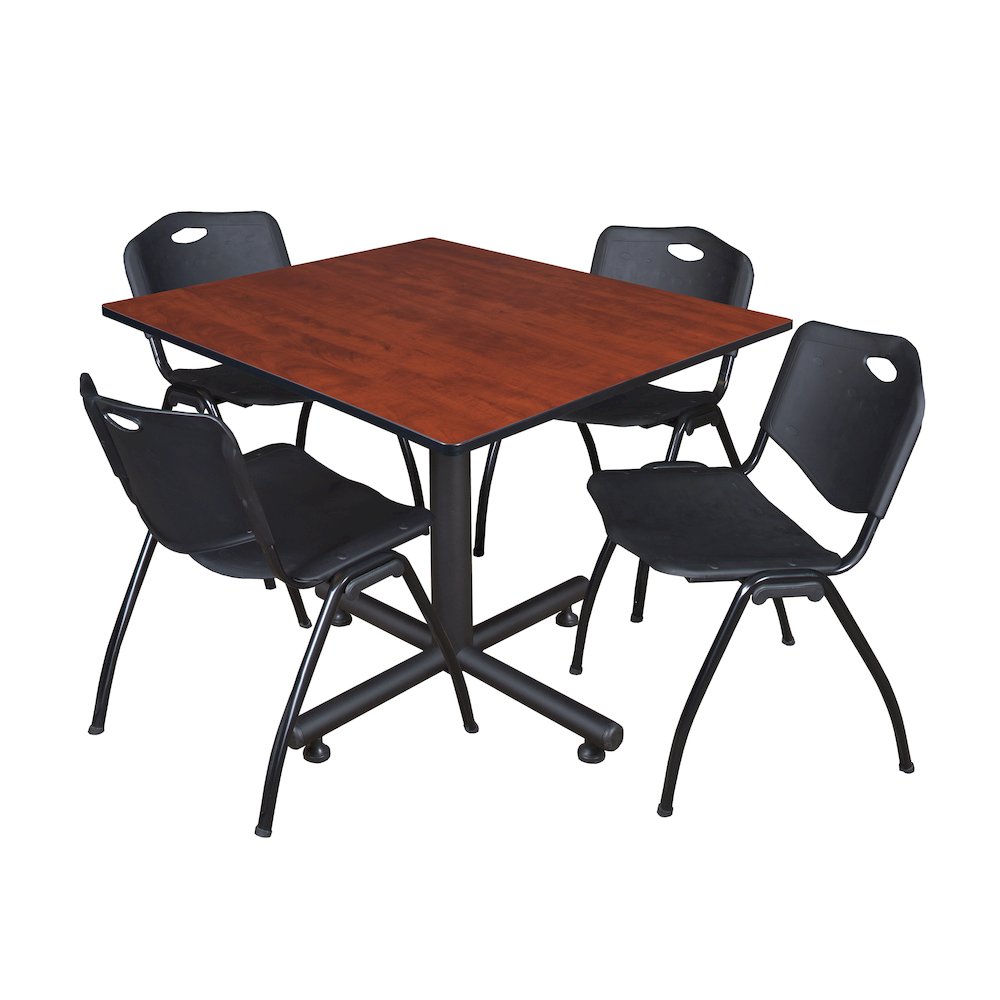 48 in. Square X-Base Breakroom Table- Cherry, 4 M Stack Chairs- Black