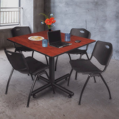 48 in. Square X-Base Breakroom Table- Cherry, 4 M Stack Chairs- Black