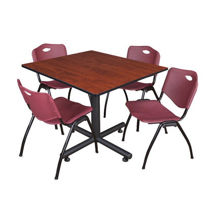 48 in. Square X-Base Breakroom Table- Cherry, 4 M Stack Chairs- Burgundy