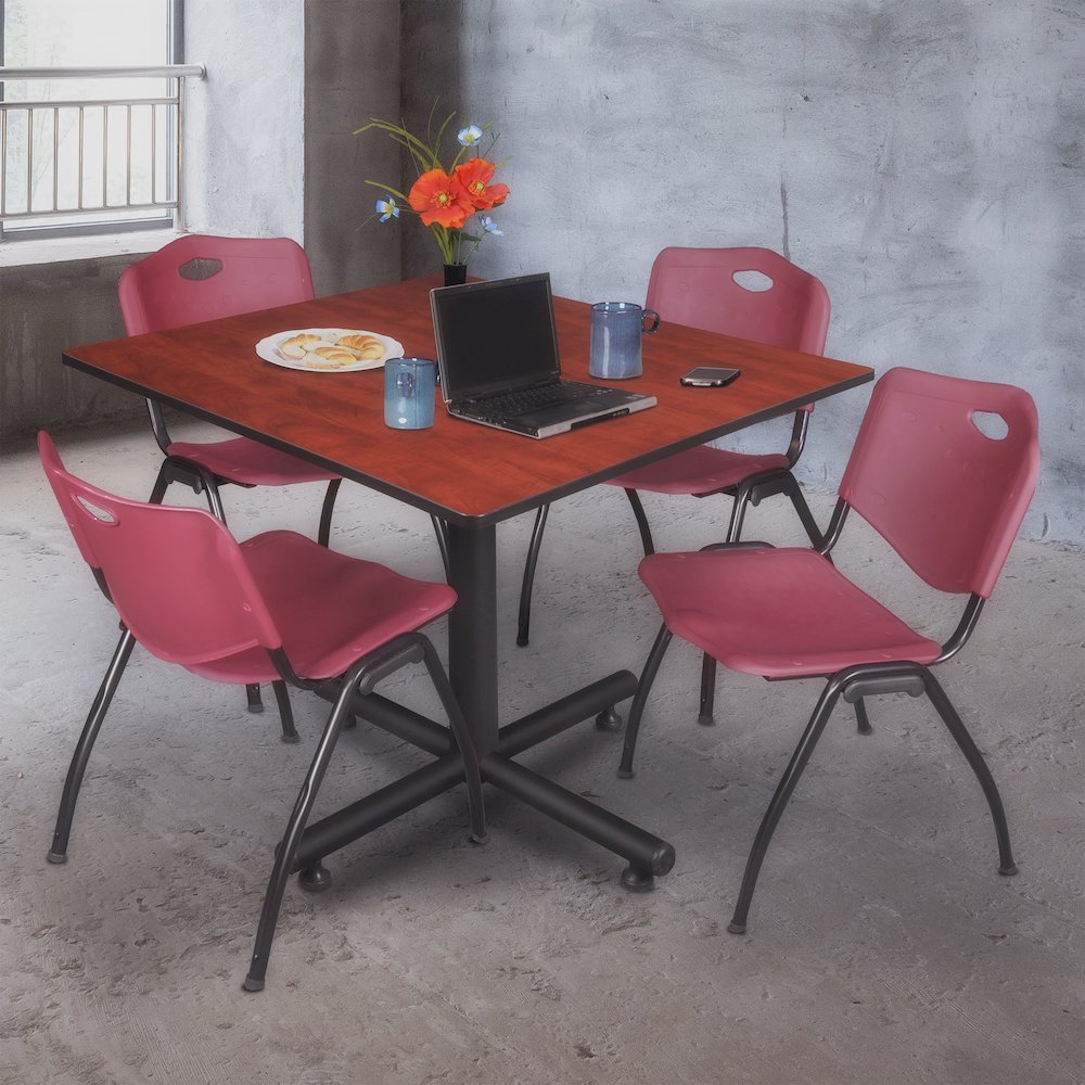 48 in. Square X-Base Breakroom Table- Cherry, 4 M Stack Chairs- Burgundy