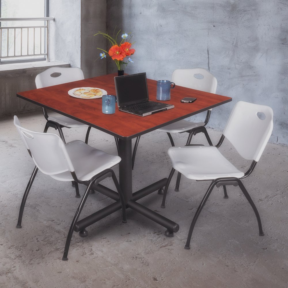 48 in. Square X-Base Breakroom Table- Cherry, 4 M Stack Chairs- Grey