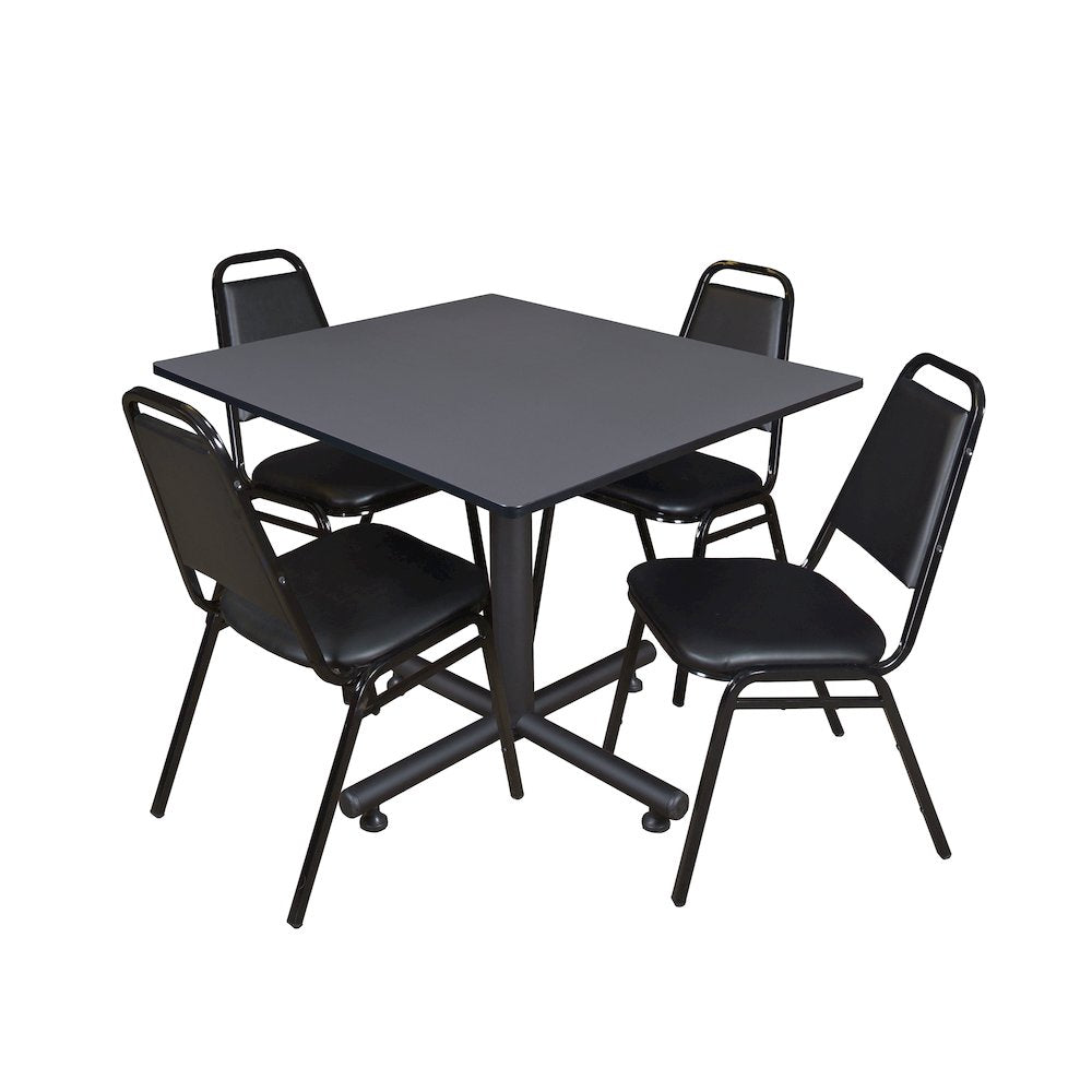 48 in. Square X-Base Breakroom Table- Grey, 4 Restaurant Stack Chairs- Black