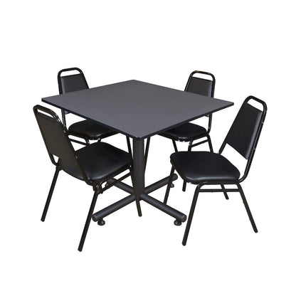 48 in. Square X-Base Breakroom Table- Grey, 4 Restaurant Stack Chairs- Black